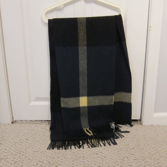 Mulberry 100% Lambswool Fringes Plaid Scarf in Midnight Yellow & Blue